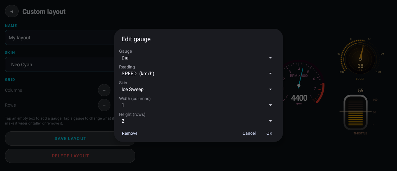 RGB OBD edit gauge dialog with pickers for the gauge style, the reading, the skin, and the width and height in columns and rows