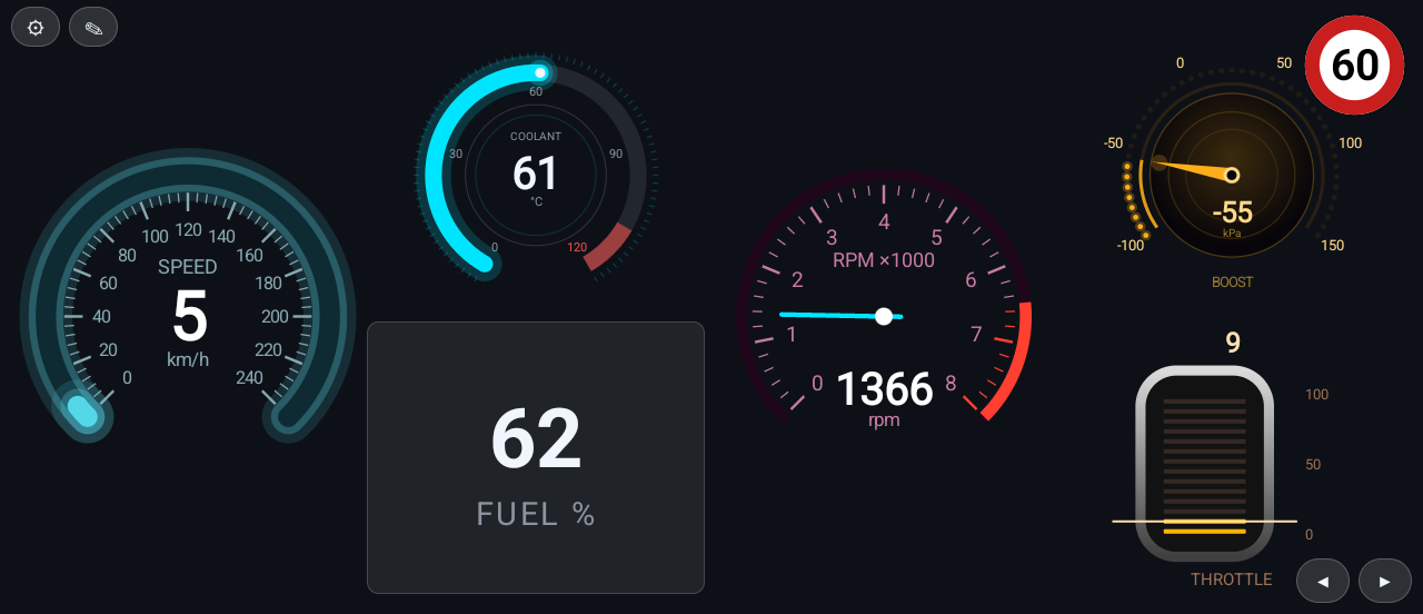 RGB OBD custom layout: an Ice Sweep speedo, a coolant ring over a fuel readout, a Neon Pink tacho, and a boost dial over a throttle bar, each in its own skin