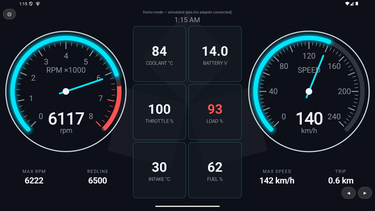 RGB OBD Neo Cyan design: tachometer and speedometer dials with six readout cells