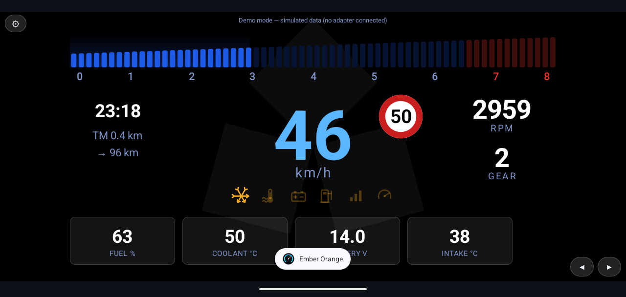 RGB OBD Neon Blue design showing 46 km/h beside a 50 km/h speed-limit sign